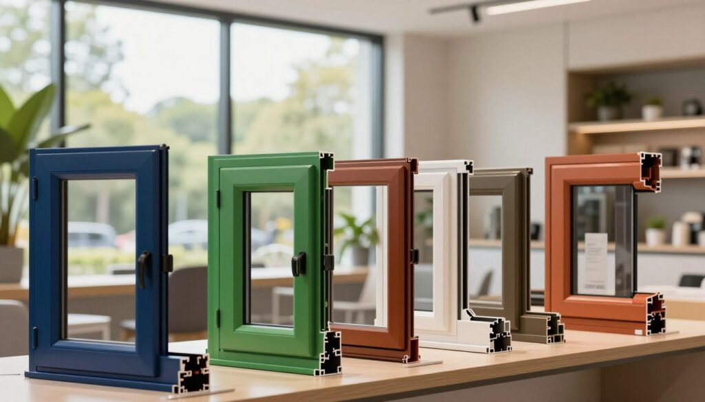 A beautiful, high-quality display of various colorful plastic window frames showcased in a modern showroom setting. In the foreground, a variety of window styles in rich colors like deep blue, vibrant green, and warm terracotta arranged elegantly on a polished surface. In the middle ground, natural light flooding through large windows illuminates the displays, highlighting the textures and finishes of the frames. The background features a sleek, minimalistic interior design, with plants and eco-friendly materials to emphasize a connection to energy efficiency. The atmosphere is bright and inviting, promoting a sense of harmony and sustainability while showcasing color options for energy management. Use a soft focus effect on the background for a warm, professional ambiance.