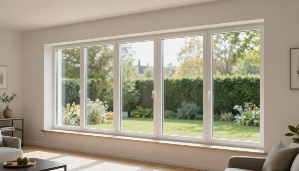 A bright and inviting home interior showcasing a modern room with large, white Kunststofffenster (plastic windows) illuminating the space with natural light. The foreground features a sleek, contemporary living area with minimalistic furniture and a cozy atmosphere. In the middle ground, the Kunststofffenster are prominently displayed, highlighting their clean lines and energy-efficient design, possibly with a view of a lush green garden. The background includes soft, diffused lighting representing a pleasant afternoon glow, enhancing the window’s features. Capture the scene from a slightly elevated angle to emphasize the clarity of the glass and the aesthetic appeal of the windows, creating an atmosphere of comfort and modern elegance.