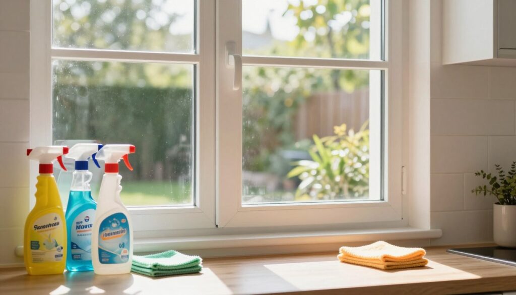 A bright, clean kitchen featuring a large, sunlit window with plastic frames. In the foreground, a few effective cleaning products, including spray bottles and microfiber cloths, are neatly arranged on a countertop, showcasing their vibrant labels and colors. The middle ground highlights the sparkling plastic window, reflecting sunlight and the surrounding greenery outside, emphasizing its clarity and cleanliness. In the background, a hint of the outdoor garden can be glimpsed, adding a refreshing touch to the scene. The lighting is warm and inviting, casting gentle shadows. The atmosphere is fresh and serene, illustrating the importance of maintaining plastic windows for a tidy home.