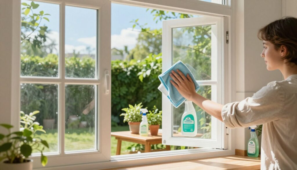 A bright, sunlit kitchen with large, open windows showcasing shiny, clean, eco-friendly plastic windows. In the foreground, a person dressed in modest casual clothing is gently wiping the window with a reusable cloth and an environmentally friendly cleaning solution, hands immersed in sustainable cleaning practices. The middle ground features potted plants and a wooden table with natural cleaning products, emphasizing a green lifestyle. The background reveals a lush garden outside, with vibrant green foliage and a clear blue sky, symbolizing nature. Soft, warm lighting enhances the uplifting atmosphere, invoking a sense of cleanliness and sustainability. Capture this scene from a slightly elevated angle, emphasizing the connection between indoor cleanliness and outdoor nature.