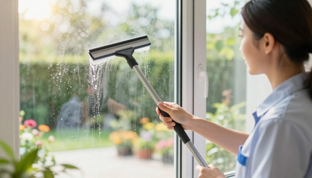 A bright, sunlit scene depicting a professional cleaning person, wearing a smart, modest uniform, skillfully cleaning a large, modern plastic window. In the foreground, the focus is on the person using a squeegee, with droplets of water glistening in the sunlight as they sweep across the glass. The middle ground features a sparkling clean window frame, showcasing its durability and shine. The background displays a beautifully landscaped garden, with vibrant flowers and greenery visible just outside the window, enhancing the freshness of the scene. The overall atmosphere is cheerful and motivating, conveying the simplicity and effectiveness of window cleaning techniques, complemented by soft natural lighting to create warmth and clarity.