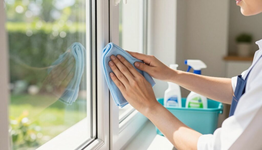 A bright, sunlit scene showcasing a person in professional attire, carefully cleaning a white Kunststofffenster (plastic window) with a soft cloth and a gentle cleaning solution. The foreground focuses on the person’s hands and the sparkling window pane, revealing reflections of a lush green garden outside. In the middle ground, there’s a neatly arranged cleaning kit containing eco-friendly products. The background features a well-maintained home interior with light-colored walls and soft, natural light streaming in, creating a warm and inviting atmosphere. The composition should emphasize cleanliness and attention to detail, with a slight bokeh effect to soften the edges of the background, enhancing the focus on the cleaning action.