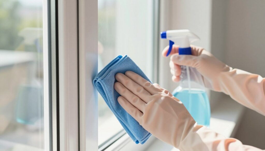 A clean and bright interior setting features a close-up view of a plastic window and its seals, emphasizing the process of cleaning. In the foreground, a pair of gloved hands holds a microfiber cloth, gently wiping the window seals, showcasing the details of the material and texture. The middle section includes a sprayer filled with cleaning solution, positioned attractively beside the window. In the background, natural light streams in from the outside, illuminating the room and casting soft shadows that enhance the serene, tidy atmosphere. The image captures a sense of freshness and care, focusing on the essential elements of window maintenance and cleanliness. The scene should be bright, well-lit, and inviting, with a focus on cleanliness and order.