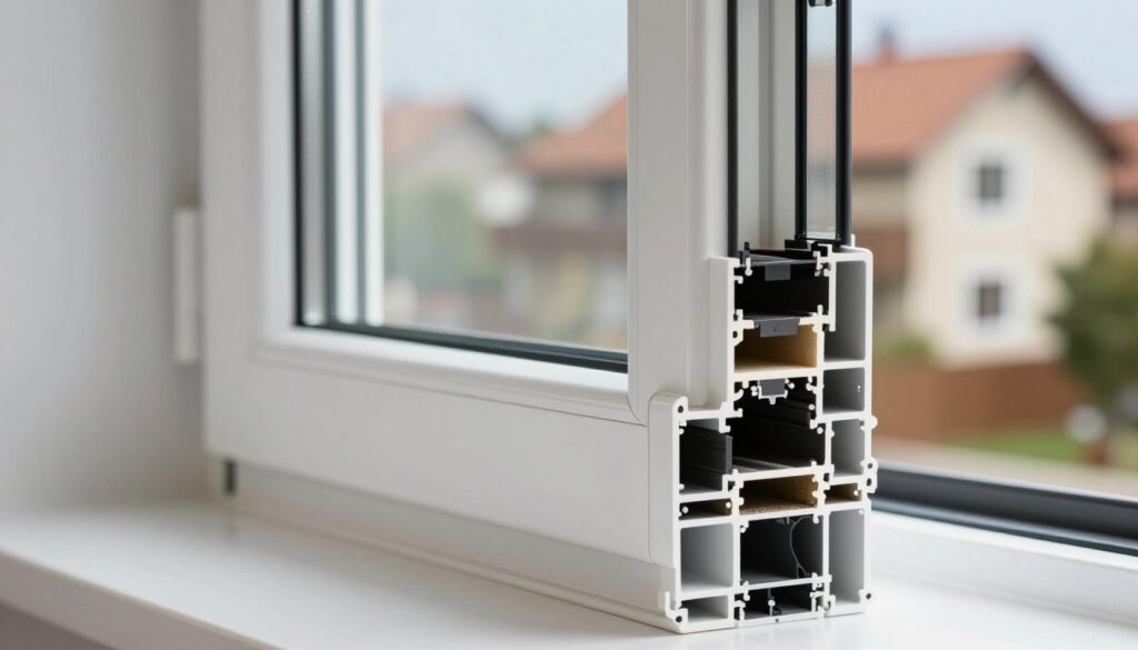 A close-up view of a high-quality Kunststofffenster (plastic window) showcasing its material and properties. In the foreground, focus on the detailed texture of the window frame, highlighting the smooth, durable finish and energy-efficient double-glazing. The middle ground features a cross-section of the window showing insulation layers, with a light source illuminating the interior to emphasize the thermal efficiency and soundproofing features. The background includes a blurred residential scene, symbolizing the practical application of Kunststofffenster in home design. Use bright, natural lighting to create a clean and professional atmosphere, shot at a slight angle to highlight the modern aesthetics of the window design. Aim for a mood of innovation and trust in building materials.