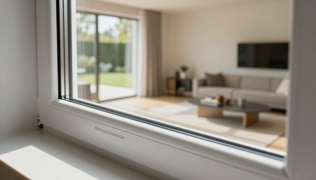 A close-up view of a high-quality triple-glazed plastic window showing the energy-efficient Wärmeschutzfenster design. The foreground features the sleek window frame with a clear view of the three layers of glazing, emphasizing the tech-savvy insulation properties. In the middle ground, a modern, elegantly decorated indoor space with soft natural lighting filtering through the window, highlighting the clarity and transparency of the glass. The background displays a subtle outdoor scene, perhaps a well-maintained garden bathed in sunlight, enhancing the sense of warmth and comfort. The angle should be slightly tilted to capture both the window and the beautiful interior ambiance. The mood is sophisticated, conveying innovation and energy efficiency, suitable for a professional audience.
