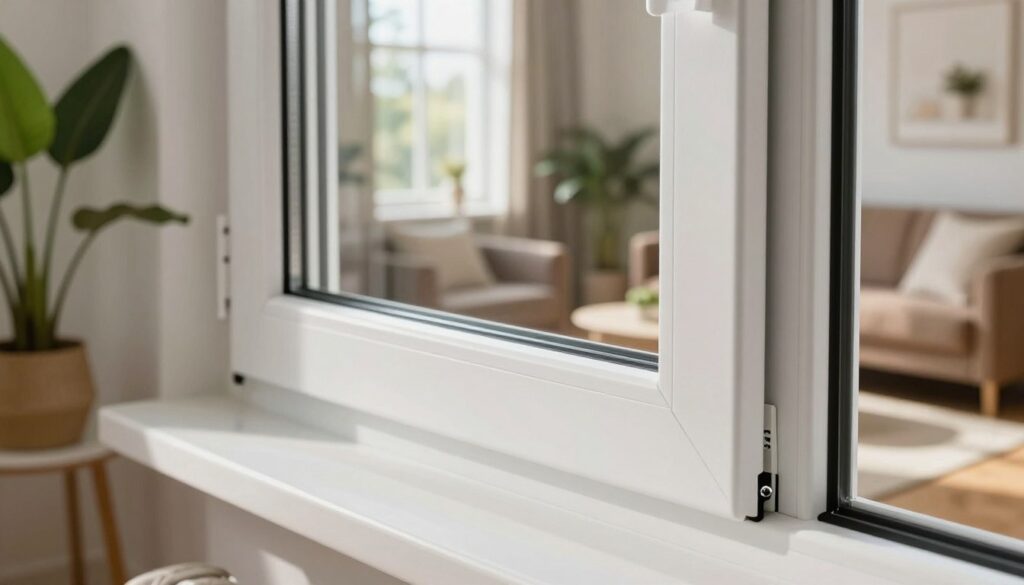 A close-up view of a modern Kunststofffenster in a well-lit, stylish living room setting. In the foreground, the focus is on the sleek, durable frame of the window, showcasing its intricate sealing mechanisms and insulation features. The middle layer features the window's energy-efficient glass, reflecting natural light streaming in from outside, highlighting the inviting atmosphere. In the background, a cozy room is decorated with green plants and warm furnishings, emphasizing a homey ambiance. The soft, natural lighting enhances the textures of the window and the surrounding decor. The perspective is slightly angled to create depth, capturing both the functionality and aesthetic appeal of the window, projecting an atmosphere of longevity and comfort.