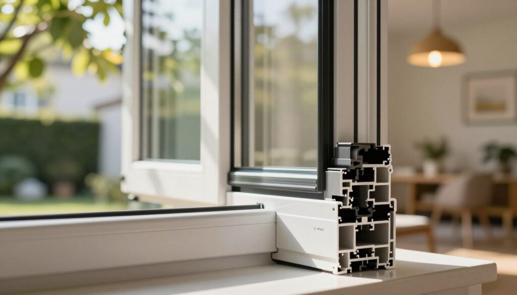 A close-up view of a modern Kunststofffenster (plastic window) highlighting its energy-efficient U-Wert. In the foreground, the shiny surface of the window frame reflects natural light, showcasing its sleek design and insulation features. The middle of the image includes a partially opened window to reveal a glimpse of a cozy interior, adorned with plants and warm lighting to convey comfort. In the background, a peaceful residential setting with light filtering through the leaves of nearby trees creates an inviting atmosphere. Capture the scene with a soft focus lens effect, using natural daylight to illuminate, evoking a sense of sustainability and innovation in home insulation. The overall mood should be professional yet warm, emphasizing the technical aspects of the window's efficiency without any text or distractions.