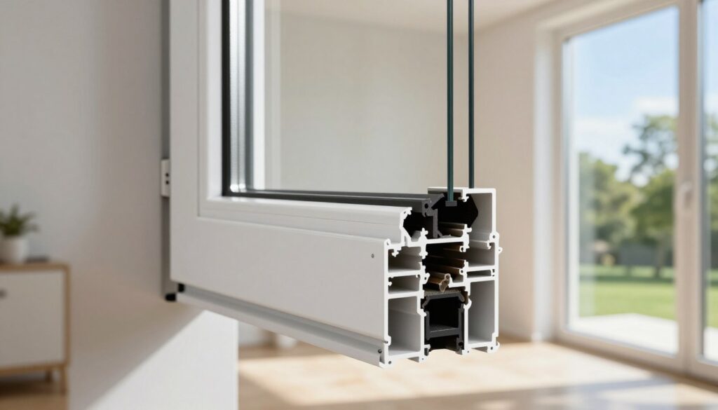A close-up view of a modern Kunststofffenster profile showcasing its efficient energy-saving design, positioned prominently in the foreground. The materials feature sleek, white frames with visible thermal insulation layers. In the middle ground, a bright, airy room can be seen through the window, filled with natural light, highlighting the comfort of the sustainable living space. The background includes green trees and a clear blue sky, symbolizing environmental harmony. The lighting is soft, emphasizing the crispness of the window's details while casting gentle shadows. The atmosphere is peaceful and inviting, ideal for portraying the benefits of modern Kunststofffenster profiles as a sustainable solution for energy efficiency and durability.