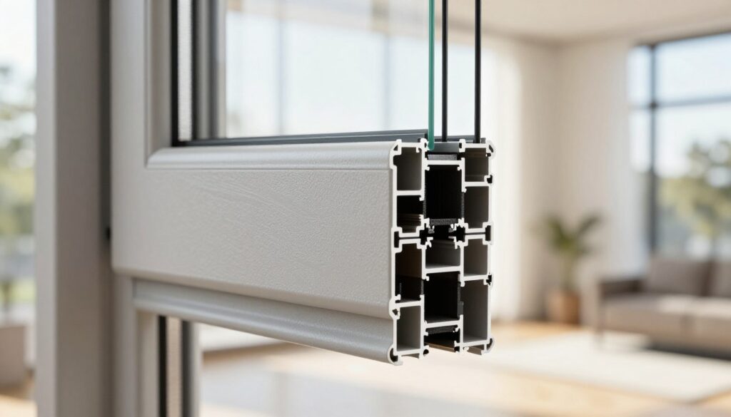 A close-up view of a modern Kunststofffenster profile, showcasing its sleek design and innovative features. In the foreground, highlight the textured surface of the frame with intricate detailing that emphasizes its durability and energy efficiency. The middle ground should include a cross-section of the profile, revealing advanced insulation technology and multi-chamber construction. In the background, a bright, airy room with natural sunlight streaming through, creating a warm and inviting atmosphere. Use soft, diffused lighting to enhance the elegance of the window, while a shallow depth of field focuses on the profile's intricacies. The overall mood should convey sophistication and technological advancement in window design.