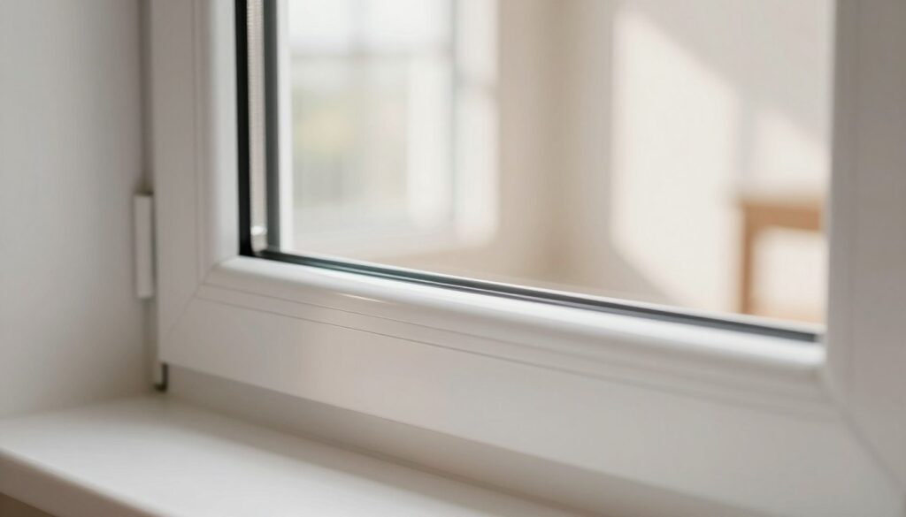 A close-up view of a modern maintenance-free plastic window, showcasing its smooth, sleek design and energy-efficient features. The foreground highlights the window frame with a glossy finish reflecting light, possibly in a neutral white or soft gray color. In the middle ground, focus on the window's double glazing, emphasizing its clarity and insulation properties. The background features a bright, airy indoor setting with natural light streaming in, adding a warm and inviting atmosphere. Soft shadows play on the wall behind, creating depth. The overall mood is one of tranquility and reliability, illustrating the longevity and low maintenance aspects of modern window technology. A close-up view of a modern maintenance-free plastic window, showcasing its smooth, sleek design and energy-efficient features. The foreground highlights the window frame with a glossy finish reflecting light, possibly in a neutral white or soft gray color. In the middle ground, focus on the window's double glazing, emphasizing its clarity and insulation properties. The background features a bright, airy indoor setting with natural light streaming in, adding a warm and inviting atmosphere. Soft shadows play on the wall behind, creating depth. The overall mood is one of tranquility and reliability, illustrating the longevity and low maintenance aspects of modern window technology.