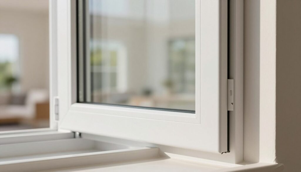 A close-up view of a modern plastic window showcasing its triple glazing for enhanced energy efficiency. The window is fitted in a contemporary home setting, with a soft light filtering through the glass, highlighting the layers of glazing. In the foreground, a sparkling clean window pane reflects subtle outdoor greenery. The window frame is sleek and white, exuding a sense of insulation and sturdiness. The background features a well-maintained interior space with neutral tones, emphasizing cleanliness and warmth. The mood is bright and inviting, suggesting comfort and energy conservation. The image is taken from a slight angle to emphasize the window's depth and quality, with soft shadows enhancing the three-dimensional feel.