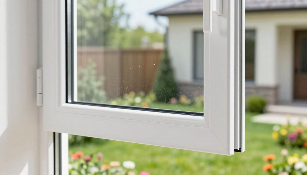 A close-up view of a modern white plastic window with double-glazing, showcasing its sleek edges and robust frame. The window is partially open, allowing soft natural light to filter through, illuminating the energy-efficient glass. In the foreground, delicate condensation beads cling to the glass, hinting at insulation qualities. The middle ground features a well-manicured garden visible outside, with vibrant green foliage and colorful flowers, reflecting the pleasant outdoor space. The background includes a blurred, contemporary home exterior painted in neutral tones. The overall atmosphere is fresh and inviting, emphasizing the advantages of plastic windows such as durability and energy efficiency. The composition is bright and cheerful, with a focus on clarity and detail.