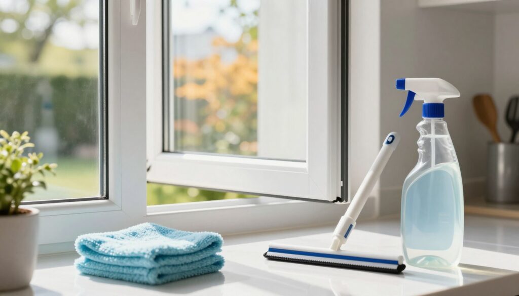 A close-up view of a professional and bright kitchen, featuring a window with clean, gleaming plastic frames and an unobstructed view of a sunny garden outside. In the foreground, clean and organized cleaning materials are displayed: a soft microfiber cloth, a spray bottle filled with an eco-friendly cleaning solution, and a squeegee. In the middle ground, the window is partially open, revealing the shining surface of the window pane reflecting warm sunlight. In the background, subtle hints of modern kitchen elements like potted plants and utensils are tastefully arranged. The lighting is natural, creating a fresh and inviting atmosphere, conveying a sense of cleanliness and care for home maintenance. The angle captures the elegance of the materials used for cleaning plastic windows.