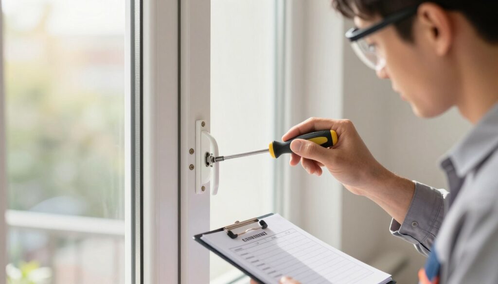 A close-up view of a professional technician inspecting a white plastic window frame, emphasizing the details of the frame material and hardware components. The technician, dressed in a neatly pressed work shirt and safety goggles, is using tools like a screwdriver and maintenance checklist, focused on the window's sealing and hinges. In the background, a bright, airy room with warm natural light streaming through the window sets a welcoming atmosphere, highlighting the importance of regular maintenance. Soft focus on the background keeps the attention on the technician and the window, while gentle shadows create depth, giving the image a polished, informative feel that conveys the significance of window upkeep over the years.
