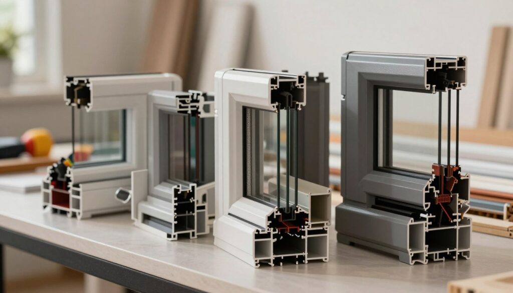 A close-up view of a range of high-quality plastic window profiles displayed elegantly on a sleek, modern surface. In the foreground, prominently feature a variety of profiles showcasing different shapes and designs, emphasizing their durability and energy efficiency. The middle ground should include a subtle background with soft-focus elements like construction tools and materials, hinting at an architectural setting. Utilize natural lighting to highlight the texture and color of the profiles, creating a warm and inviting atmosphere. The angle should be slightly elevated, giving a clear perspective on the window profiles while maintaining a professional feel. The overall mood should be informative and inspiring, perfect for a home improvement or architectural context.