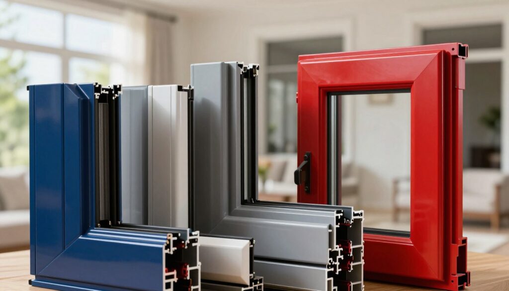 A close-up view of a selection of durable, high-quality plastic window frames in various colors, showcasing options like rich deep blues, elegant grays, and vibrant reds. The foreground features a glossy finish to highlight the texture and sheen of the materials. In the middle ground, arrange the window frames in an aesthetically pleasing manner, highlighting the contrast between the colors. The background includes a soft-focus view of a well-lit, modern home exterior. Natural light streams in from the left, creating subtle reflections on the frames, enhancing their colors. The overall atmosphere is professional and inviting, capturing a sense of durability and elegance in home design. The composition should be balanced, showcasing each color distinctly without clutter.