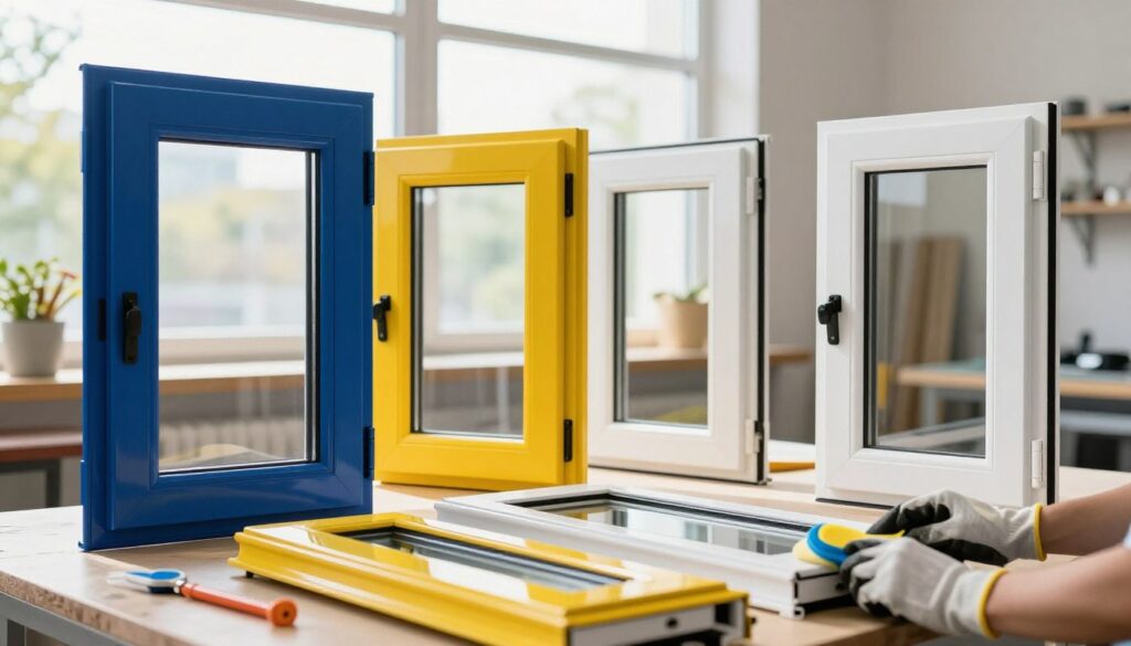 A close-up view of a set of vibrant Kunststofffenster (plastic windows) showcasing an array of colors, including deep blue, bright yellow, and classic white, arranged aesthetically in a well-lit workshop. In the foreground, hands in professional gloves are gently polishing one of the windows, emphasizing maintenance and care, while tools for cleaning and upkeep are subtly placed nearby. The middle ground features an array of different window styles and colors, reflecting current design trends for 2024, illuminated by natural sunlight streaming through a large window behind. The background consists of a clean, modern workshop environment, with soft shadows and warm lighting creating an inviting atmosphere, suitable for a professional article.