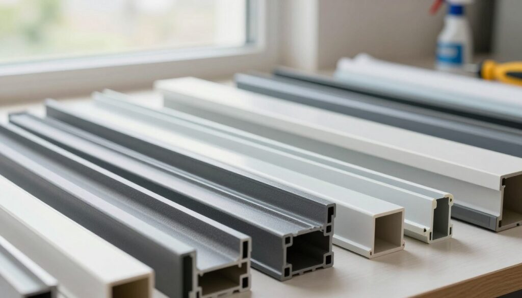 A close-up view of a variety of Kunststoffrahmen profiles displayed artistically. In the foreground, highlight the textured surfaces and intricate joints of the profiles, showcasing their durability and design. The middle layer should feature a clean, organized workspace, with tools like a cleaning cloth and maintenance spray, suggesting a focus on upkeep and care. In the background, a softly lit window, possibly with greenery or a bright sky visible outside, enhances the energy efficiency theme. Use natural lighting to create a bright, inviting atmosphere, capturing the essence of maintenance and longevity. The angle should be slightly above eye level, providing a comprehensive view of the profiles while emphasizing their professional application.