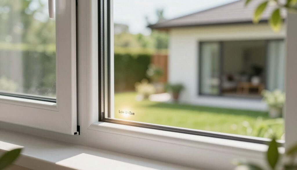 A close-up view of an energy-efficient plastic window, showcasing its sleek, modern design, with triple glazing and a low U-value rating. The foreground features the window frame made of high-quality PVC, highlighting its insulation properties. In the middle, show the window slightly ajar with sunlight streaming in, creating a warm glow that emphasizes its energy-saving features. The background fades into a soft-focus image of a contemporary home exterior, surrounded by lush greenery, evoking a sense of comfort and sustainability. The scene is illuminated with natural light, showcasing the window’s clarity and thermal efficiency. The overall mood is inviting and eco-friendly, reflecting innovation in home insulation technology.