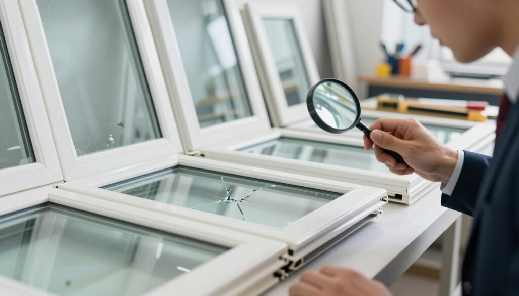 A close-up view of damaged plastic windows, showcasing various types of imperfections such as cracks, dents, and discoloration. In the foreground, a person wearing professional business attire examines the window closely, holding a magnifying glass to inspect the damage. The middle ground features several examples of damaged windows displayed on a countertop, with natural light illuminating the surfaces, creating soft shadows. The background is blurred, depicting a clean, well-lit workshop environment filled with tools for window maintenance. The atmosphere is serious and focused, emphasizing the importance of recognizing and addressing plastic window damages effectively. The colors are bright and clean, enhancing the sense of professionalism.