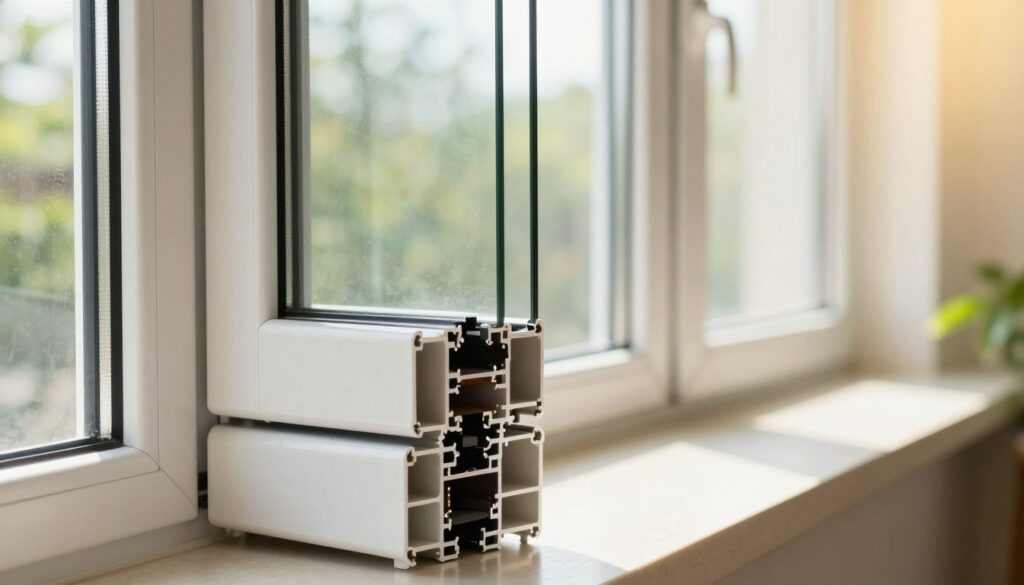 A close-up view of durable, modern plastic windows, showcasing their robust structure and sleek design. The foreground highlights the intricate details of the window frame, emphasizing its weather-resistant features and energy-efficient glass. In the middle ground, include natural surroundings like trees or plants that subtly interact with the window, hinting at environmental factors affecting its longevity. The background features a bright, sunny day, providing ample natural light that reflects off the glass surface, creating a warm and inviting atmosphere. Use a shallow depth of field to draw focus to the windows while softly blurring the background. The overall mood is one of resilience and sustainability, perfect for illustrating the importance of maintenance and environmental influences on plastic windows.