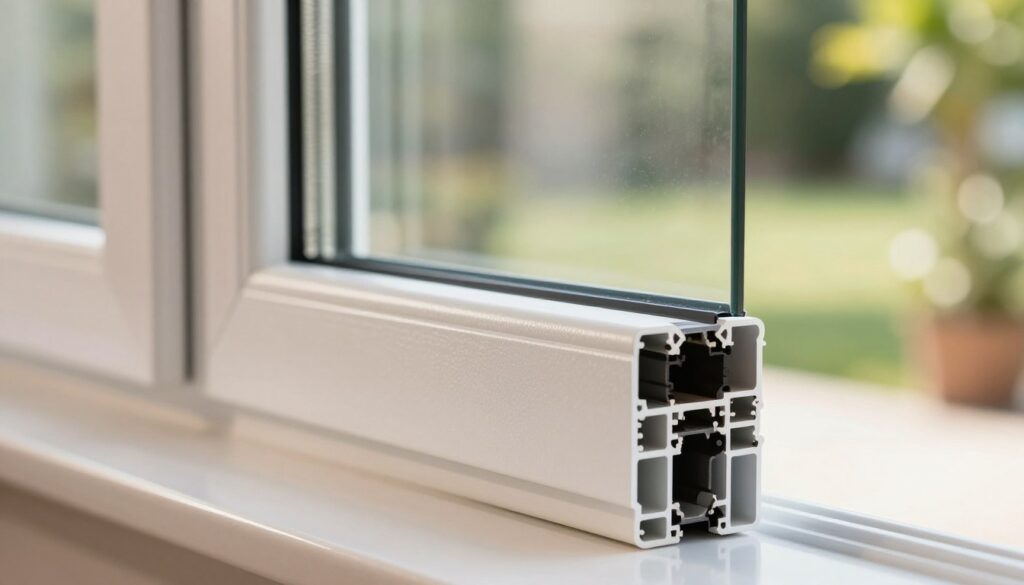 A close-up view of high-quality plastic windows showcasing their robust construction and intricate details. In the foreground, focus on the textured surface of the window frame, highlighting the durability and finish. The middle ground features the window glass, reflecting natural light, emphasizing clarity and insulation features. In the background, softly blurred greenery or a sunny exterior scene enhances the sense of a well-insulated, high-performance environment. Utilize soft, natural daylight to create a welcoming and warm atmosphere, capturing the essence of longevity and quality in home materials. The image should evoke trust and professionalism, with no text or logos present.