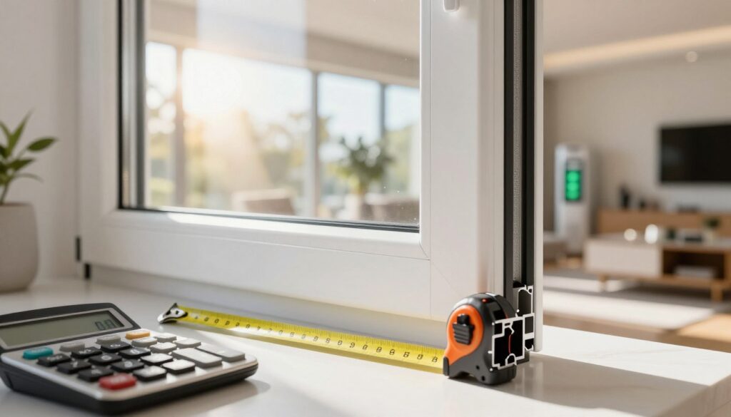 A close-up view of modern Kunststofffenster (plastic windows) fitted into a contemporary home, showcasing their elegant design and energy efficiency features. In the foreground, display a measuring tape and a calculator, representing cost analysis. In the middle, highlight the windows with sunlight streaming through, creating a warm, inviting atmosphere while reflecting on the glass. The background should feature a cozy, well-lit living room, emphasizing energy savings with energy-efficient appliances visible. Use soft, natural lighting to enhance the scene, and ensure the angle captures the window’s details, such as insulation and frame quality. The mood should convey professionalism and clarity, suitable for an informative section on cost factors.