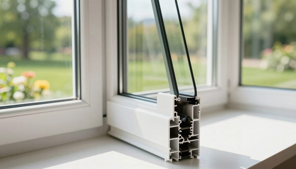A close-up view of modern Kunststofffenster (plastic windows) in a bright, well-lit environment, showcasing their clean lines and glossy finish. In the foreground, highlight the texture and color variations of the window frames against a backdrop of soft-focus greenery, emphasizing the eco-friendly aspect of the material. In the middle ground, depict sunlight filtering through the windows, casting intricate shadows on nearby surfaces to create a sense of warmth and sustainability. The background should feature a serene outdoor landscape with trees and flowers, symbolizing harmony with nature. Use a wide-angle lens to capture the depth, and ensure the lighting is soft yet vibrant, evoking a fresh and positive atmosphere focused on sustainability.