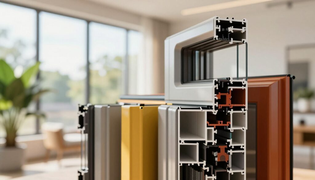 A close-up view of sustainable PVC window profiles displayed prominently in a clean and modern setting. In the foreground, the profiles should be arranged artistically, showcasing their smooth surfaces and vibrant colors, reflecting light beautifully. The middle ground transitions to a background of a bright, airy room filled with natural light pouring through large windows, emphasizing energy efficiency and environmental harmony. Soft green plants are positioned nearby, symbolizing nature. The lighting is warm and inviting, highlighting the textures of the PVC material, while keeping the atmosphere professional. Use a shallow depth of field to focus on the profiles and blur the background slightly, creating a sense of depth and clarity, inviting viewers to appreciate the craftsmanship and sustainability of these window profiles.