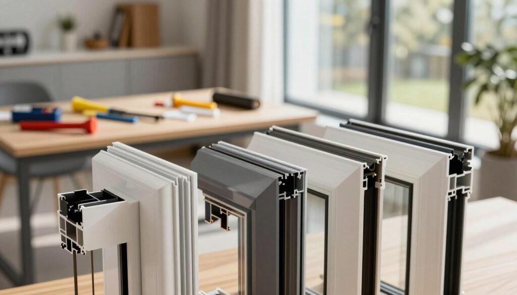A close-up view of various profiles of Kunststofffenster (plastic windows) displayed in a sleek, modern setting. In the foreground, feature three distinct profiles showcasing their durable, energy-efficient designs, with visible grooves and seals. The middle ground includes a table with tools and materials used for installation, arranged neatly to emphasize professionalism. In the background, a softly lit home interior reflects a cozy atmosphere. Natural light streams through the window, casting gentle shadows that highlight the textures and colors of the profiles. Use a wide-angle lens to capture depth, ensuring a bright and inviting mood that illustrates the benefits of Kunststofffenster profiles. No text or overlays included.