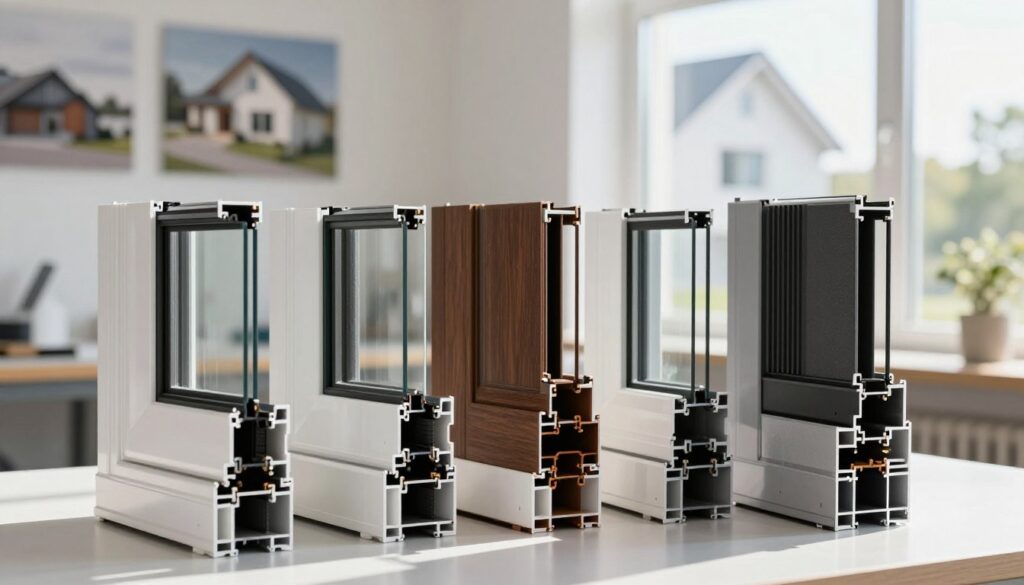 A collection of various Kunststofffenster profiles displayed prominently in the foreground, showcasing their intricate designs and textures. The profiles are in different colors, including classic white, dark brown, and grey, each highlighting energy-efficient features like multi-chamber designs. In the middle ground, a well-lit workshop environment is visible, with subtle reflections on a polished surface emphasizing the quality of the materials. The background features soft-focus images of a bright, modern home, suggesting durability and energy efficiency. The scene is illuminated with natural light streaming in from a nearby window, enhancing the inviting and professional atmosphere. The overall mood conveys innovation, reliability, and sophistication, suitable for a technical article.