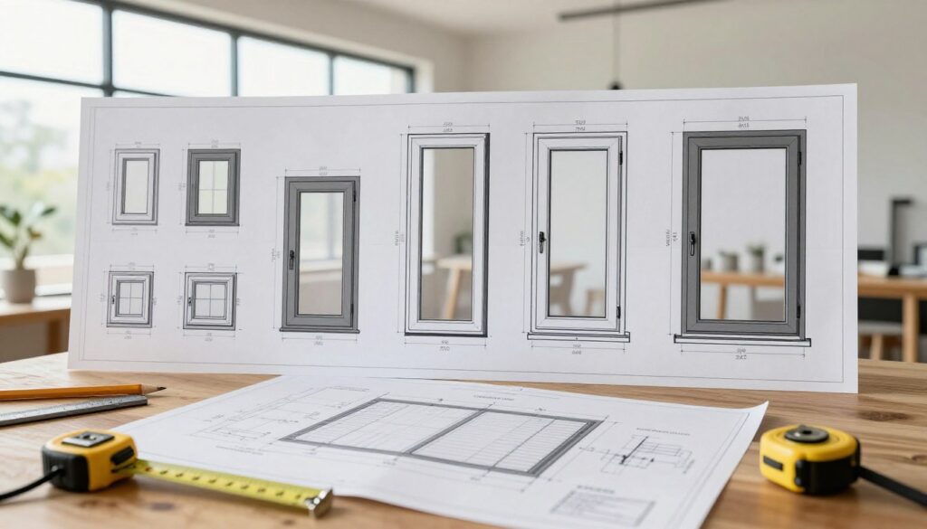 A detailed architectural scene showcasing various window sizes and dimensions on a construction blueprint. In the foreground, include a wooden table scattered with design tools such as a ruler, pencil, and a measuring tape, emphasizing the planning stage. The middle ground features an array of window designs, ranging from small to large, each labeled with dimensions and specifications, displayed prominently for easy comparison. The background should have a light-filled room with floor-to-ceiling windows to illustrate the practical application of these designs. The lighting is bright and airy, creating a professional atmosphere, while the lens focuses clearly on the details of the windows. Capture a sense of precision and thoughtful planning, depicting the importance of selecting the right window size in architectural design.