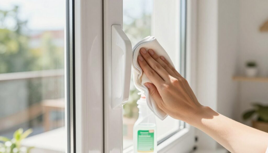 A detailed close-up of a bright, clean Kunststofffenster (plastic window) in a sunlit room, showcasing its glossy surface and intricate details. In the foreground, there is a hand holding a soft cloth, diligently wiping the window, highlighting the importance of maintenance. The middle ground features a small bottle of eco-friendly cleaning solution, adding to the theme of proper care. The background shows a soft-focus interior of a modern home with natural light streaming through the window, creating a warm and inviting atmosphere. The scene is captured with a slight angle, emphasizing the window’s sleek frame and the gentle reflection of greenery outside, conveying a mood of tidiness and meticulous attention to home upkeep.
