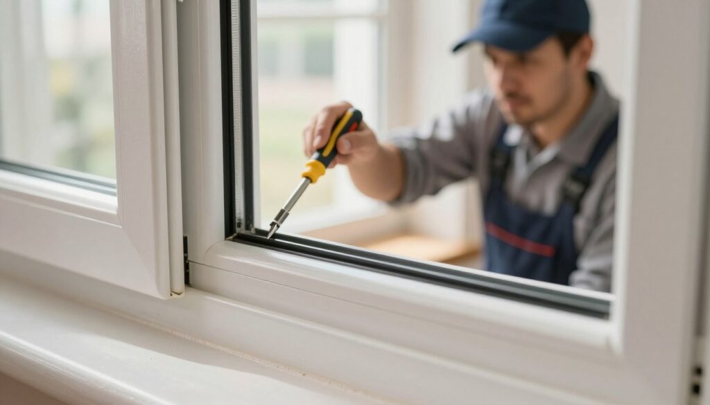 A detailed close-up of a durable, high-quality plastic window frame, showcasing its longevity and maintenance features. The foreground highlights the textured surface of the frame, with visible seals and hinges, emphasizing the craftsmanship. In the middle, a professional technician in modest, business-casual attire inspects the window, using a tool to check for wear and tear, symbolizing proactive repair and maintenance. The background features a softly illuminated room with natural light streaming through the window, creating an inviting atmosphere. The scene conveys a sense of professionalism and care, reflecting the importance of recognizing and addressing repair needs to extend the lifespan of plastic windows. The image is sharp, with a focus on intricate details and a warm, natural color palette.