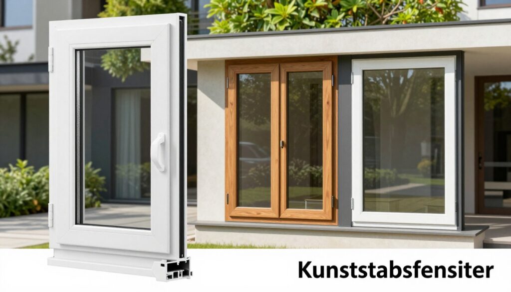 A detailed comparison image showcasing "Kunststofffenster" (plastic windows) in a modern architectural setting. In the foreground, include a close-up view of a sleek, energy-efficient plastic window with dual-pane glass, emphasizing its insulation properties. The middle ground should display contrasting types of windows, such as wooden and aluminum, configured side by side to visually illustrate their differences. The background features a contemporary building with vibrant greenery. Utilize natural sunlight casting soft shadows to enhance the textures and materials of each window type. The composition presents a clear, informative view, conveying a professional and knowledgeable atmosphere without any text or distractions.