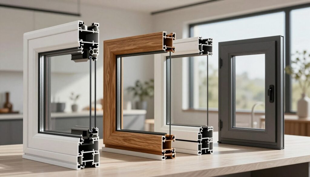 A detailed comparison image showcasing the distinct advantages of plastic-aluminum windows against various materials such as wood, vinyl, and metal. In the foreground, include samples of plastic-aluminum windows with a sleek modern design, displaying the smooth finish and energy-efficient features. In the middle ground, arrange contrasting materials like a wooden frame with its natural texture, a vinyl frame noted for its affordability, and a raw metal frame. The background features a contemporary building environment with natural light illuminating the windows, casting soft shadows that enhance the texture and quality of each material. Use a wide-angle lens to capture the full scene, creating an informative yet visually appealing atmosphere that encourages a thoughtful comparison without distractions.