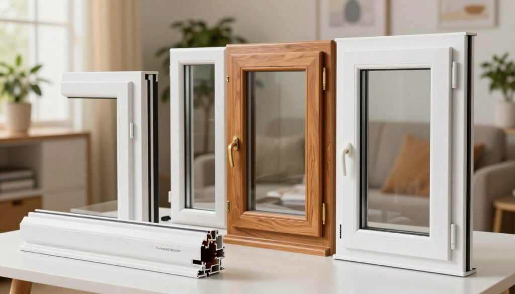 A detailed comparison of different window types showcasing "Kunststofffenster" (plastic windows) alongside wooden and aluminum windows. In the foreground, display a modern, sleek "Kunststofffenster" in white, highlighting its energy efficiency features and contemporary design. The middle ground features various window styles — a wooden window with natural grain and an aluminum window with a sleek finish, all displayed on a table. In the background, a cozy domestic setting with warm lighting, showcasing plants and home decor to emphasize the aesthetic integration of windows. The scene is bright and inviting, creating an informative yet engaging atmosphere, focusing on functionality and style, presented from a slightly elevated angle for a comprehensive view. The image should be well-composed without any text or branding.