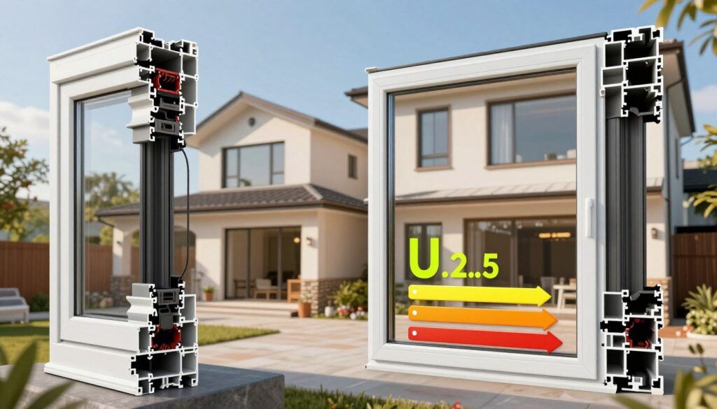 A detailed illustration comparing the U-values of various types of plastic windows. In the foreground, display a clear side-by-side comparison of two or three window designs, each showcasing their U-value rating prominently but without text. In the middle ground, depict a modern architectural setting with well-lit, stylish homes featuring these windows, demonstrating optimal insulation and energy efficiency. The background should include a bright, sunny day with a clear blue sky, highlighting the advantages of energy-efficient windows. Use natural lighting to create a warm, inviting atmosphere, captured from a slightly elevated angle to give a comprehensive view of the windows and their contextual settings. The overall mood should be informative and optimistic, emphasizing home comfort and sustainability.