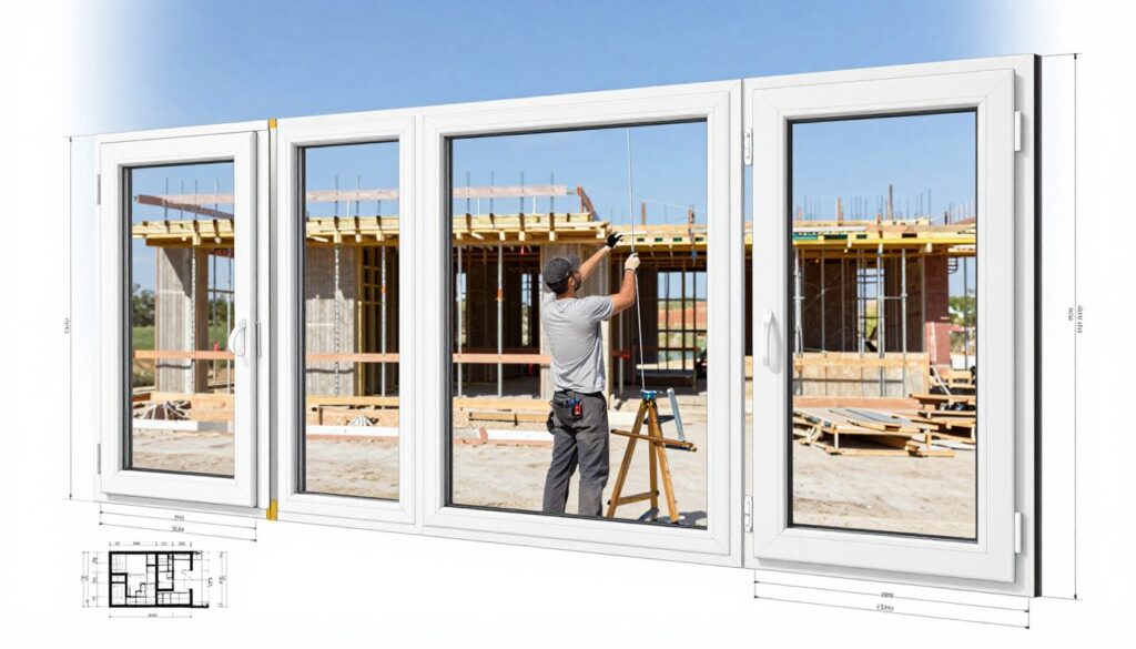 A detailed illustration of a standard window installation, showcasing various window sizes and types, prominently displayed in the foreground with technical plans and measurements in a clean layout. In the middle ground, depict a well-lit construction site with a professional installer in modest casual clothing working diligently on the window. The background features a clear blue sky and a partially constructed building structure to convey an atmosphere of precision and craftsmanship. Use natural lighting to enhance the clarity of the window dimensions and materials, and employ a wide angle lens to capture the entire scene effectively. The overall mood should be informative and focused, highlighting the importance of standard window sizes in home construction.