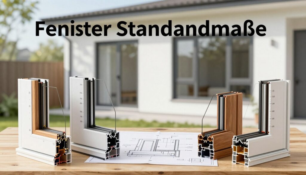 A detailed illustration of standard window dimensions, titled "Fenster Standardmaße." In the foreground, a collection of window frames in various standard sizes, crafted from different materials like wood, aluminum, and vinyl. Each frame should include visible measurements in centimeters, highlighting their importance. In the middle section, a well-lit drafting table showcasing a blueprint with schematic designs and annotations about window standards. The background features a modern home exterior, with the windows installed in a contemporary architectural style. Natural light filters through, creating a bright and inviting atmosphere. Use a soft focus lens effect to emphasize clarity and detail in the window sizes, while maintaining a professional, informative mood without any text or overlays.