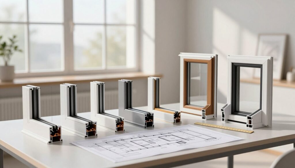 A detailed illustration of various window dimensions displayed in a professional setting. In the foreground, a collection of different window frames is arranged on a clean, modern work table, showcasing various styles and sizes. The middle ground features a detailed scale ruler and architectural blueprints spread out, highlighting precise measurements. In the background, soft natural light filters through large windows, casting gentle shadows that emphasize the clean lines of the space. The atmosphere is calm and focused, with a sense of professionalism and creativity. The image should be captured with a wide-angle lens to encompass the entire setting, ensuring clarity and depth of field, while maintaining a soft focus on the window dimensions being featured.