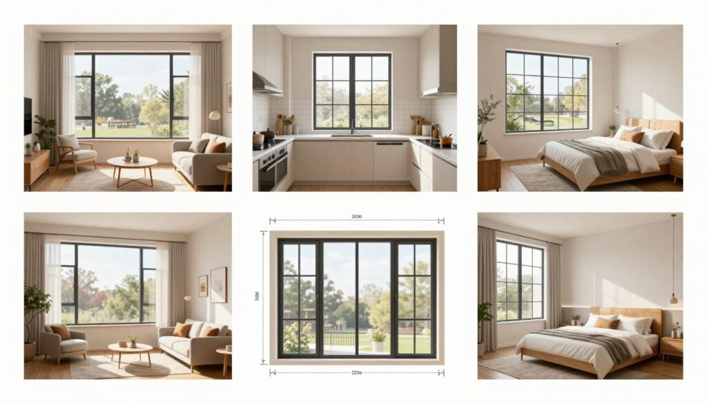 A detailed illustration of various window sizes tailored for different room types, featuring a modern home interior design. In the foreground, showcase individual room layouts such as a cozy living room, a bright kitchen, and a serene bedroom. Each room displays different window formats—large, panoramic windows in the living room, standard double-hung windows in the kitchen, and smaller casement windows in the bedroom. In the middle ground, create a visual comparison of the window dimensions with clear lines or mock measurements, ensuring a clean layout. The background should subtly blend the walls and furnishings of each room, enhancing the feeling of a well-designed living space. Use natural lighting pouring in from the windows, casting soft shadows to create a warm and inviting atmosphere. Employ a slight top-down angle for a comprehensive view of the window placements and their impact on the room's aesthetics.