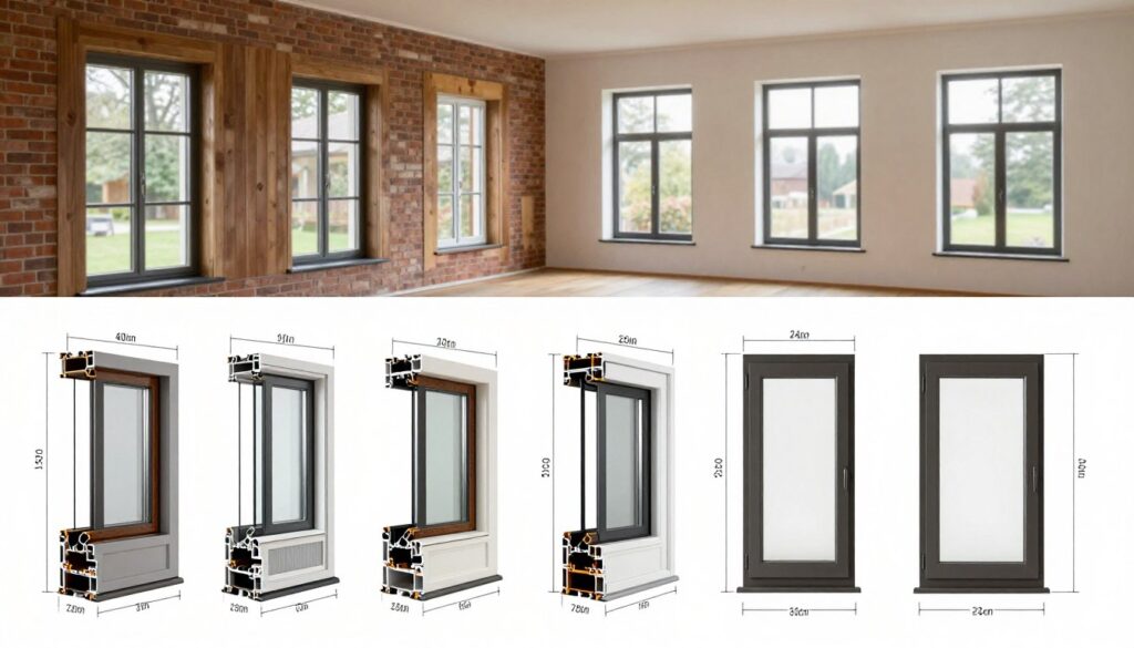 A detailed illustration showcasing common window sizes and standard dimensions used in Germany. In the foreground, display a variety of window profiles, including single and double-hung windows, sliding and casement styles, featuring their precise measurements labeled for clarity. The middle layer should contain a selection of different wall styles to present the windows in context, such as brick, wood, and modern stucco surfaces. The background includes a softly lit interior space with natural light streaming through the windows, highlighting their features. Use a perspective angle that emphasizes the windows' height and breadth, conveying a professional and informative atmosphere suitable for educational content on architectural designs. Ensure there are no text overlays and maintain a clean, unobtrusive setting.