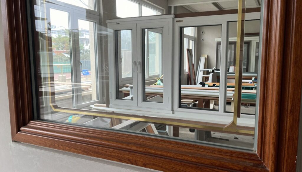 A detailed interior scene showcasing custom-made windows, contrasting with standard-sized windows. In the foreground, a beautifully crafted wooden window frame with intricate details and elegant glass panes, reflecting light. The middle ground features several standard-sized windows arranged neatly, showcasing their straightforward design and uniformity. In the background, a variety of materials and tools for window manufacturing are visible, with soft natural light flooding in through the windows, creating a warm and inviting atmosphere. The camera angle is slightly elevated, providing a comprehensive view of the craftsmanship and the comparison between custom and standard windows. The mood is one of innovation and quality.