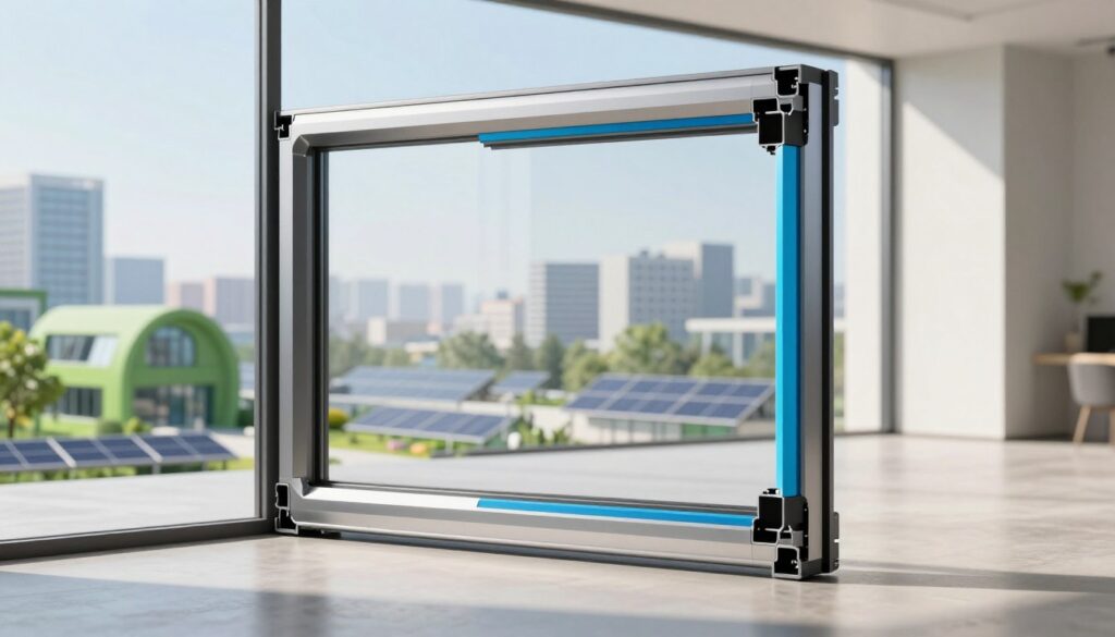 A futuristic window showcasing innovative aluminum-plastic technology, prominently displayed in the foreground with sleek lines and a modern design. The frame is a blend of metallic aluminum and durable, high-grade plastic, emphasizing energy efficiency and longevity. The middle ground features a spacious, bright room with natural light pouring through the window, casting soft shadows that highlight the window's features. In the background, a modern cityscape is visible through the window, suggesting an eco-friendly environment with green buildings and solar panels. The mood is optimistic and forward-looking, with crisp lighting enhancing the window's vivid colors. Capture this scene from a slightly angled perspective, using a focus on the window while keeping the background slightly blurred for depth.