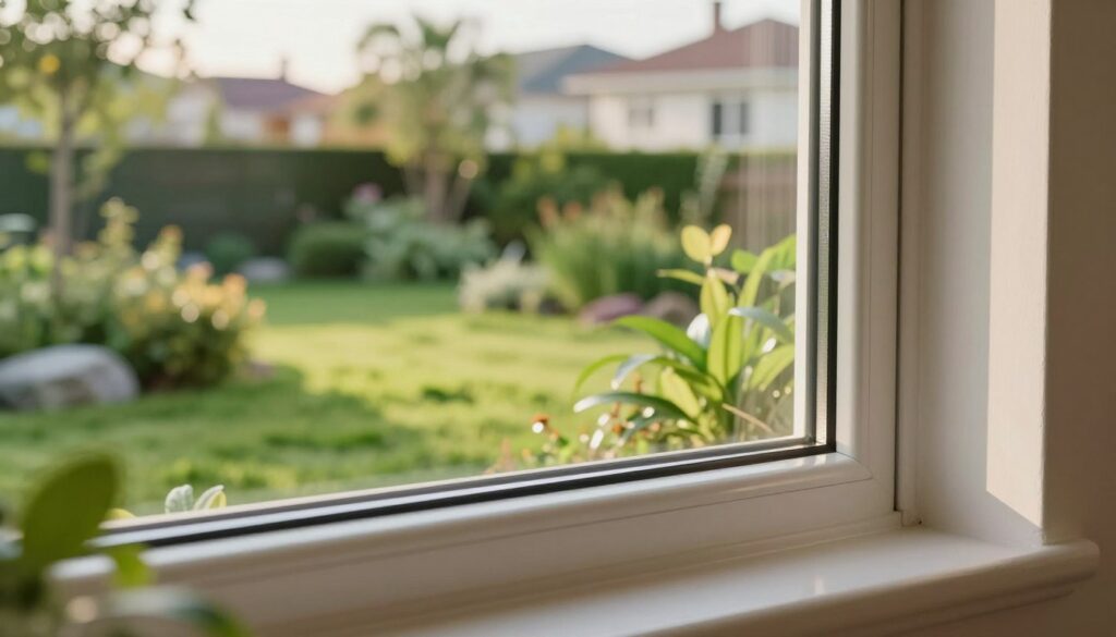 A large, modern plastic window showcasing a sleek design with a focus on energy efficiency. In the foreground, highlight the window frame with a smooth finish, reflecting sunlight to convey warmth and sustainability. The middle ground features a lush green garden, symbolizing the relationship between sustainability and eco-friendly materials, with various plants soaking in natural light. In the background, a soft-focus suburban setting further emphasizes the concept of energy-efficient homes. Use soft, natural lighting with a slight golden hour glow to enhance the mood of tranquility and ecological responsibility. Capture the image from a slightly tilted angle, giving depth to the scene and showcasing the window's attributes effectively.