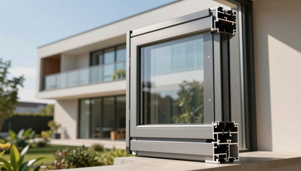 A modern Kunststoff-Alu-Fenster, showcasing a blend of durable PVC and sleek aluminum, prominently displayed in the foreground. The window features clean lines and a sophisticated design, with a transparent double-glazed pane reflecting soft natural light. In the middle ground, a contemporary building exterior can be seen, highlighting sustainability and energy efficiency, set against a clear blue sky. In the background, lush greenery suggests an environmentally friendly atmosphere. The lighting is bright and inviting, with sunlight streaming through the window, creating a warm and professional ambiance. The angle is slightly elevated, capturing both the window details and its integration into the modern architecture, conveying a mood of innovation and reliability.