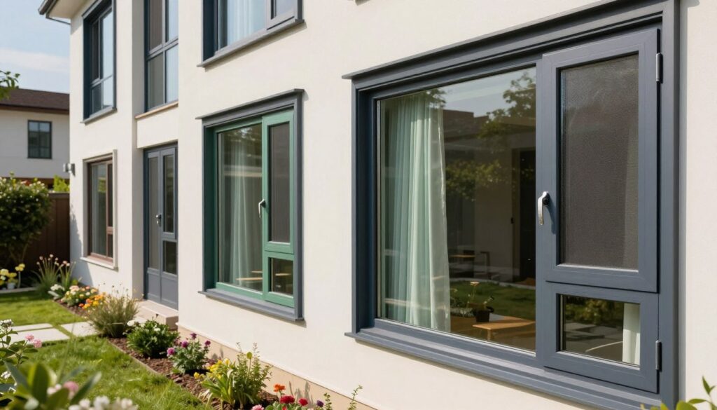 A modern architectural scene showcasing a variety of stylish PVC-aluminum windows, demonstrating design elegance and color diversity. In the foreground, focus on a sleek, open window with energy-efficient glass reflecting sunlight, highlighting subtle textures and colors such as deep blue, soft green, and warm gray. The middle ground features a contemporary home facade, adorned with multiple window types, showcasing geometric variations. In the background, a serene garden with lush greenery and blooming flowers complements the scene, adding depth. Soft, natural lighting bathes the space, enhancing the inviting atmosphere. The composition should be taken from a slightly elevated angle to provide a comprehensive view of the window designs, capturing a sense of modern living and energy efficiency.