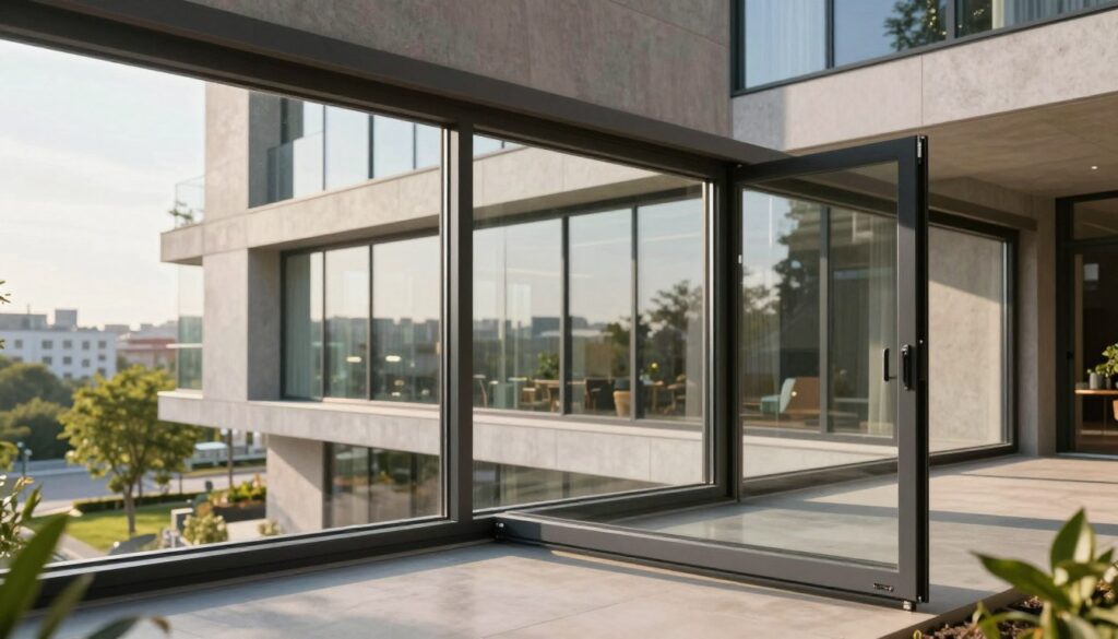 A modern architectural scene showcasing advanced window technology in a sleek, energy-efficient building. In the foreground, display triple-glazed PVC windows with a reflective surface, emphasizing their robustness and clarity. In the middle ground, depict a contemporary building made of eco-friendly materials, highlighting the large windows that let in abundant natural light. The background features a sunny urban landscape with greenery, showcasing a sustainable environment. Soft, natural lighting illuminates the scene, creating a warm and inviting atmosphere. Capture this from a slightly angled perspective, focusing on the windows and their innovative design to convey a sense of modernity and energy efficiency.