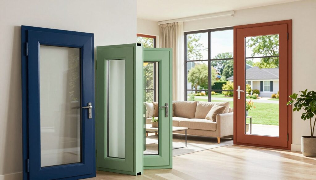A modern display of various colors for synthetic windows, showcasing the latest trends for 2024. In the foreground, elegant window frames in vivid hues like deep navy blue, soft sage green, and warm terracotta are positioned against a neutral background. In the middle ground, a bright, inviting living room with natural light streaming through the windows accentuates the color options. The background features a serene suburban environment with lush greenery, enhancing the fresh and contemporary feel. The lighting is bright and airy, casting gentle shadows that highlight the textures of the window frames. The atmosphere is stylish and modern, reflecting the current color trends for synthetic windows. The angle is slightly elevated, providing a clear view of the window designs and their surroundings.